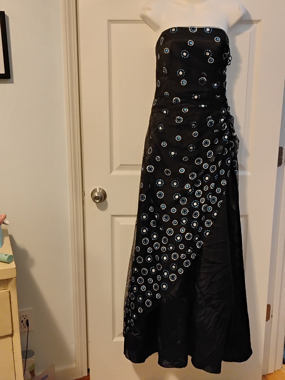 Strapless Black Dress with Side Rouching And White and Blue Accents
